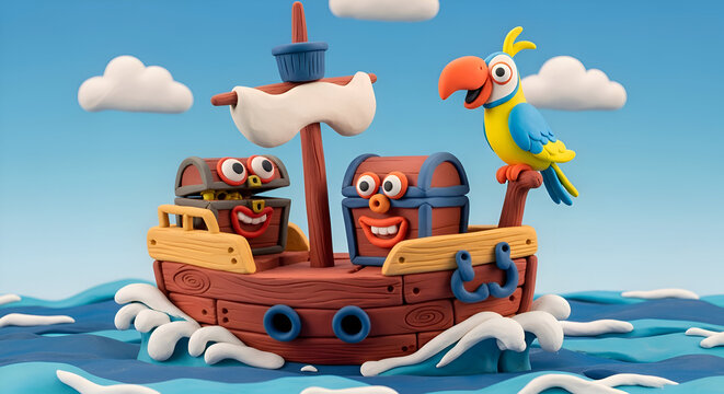 Joyful claymation pirate ship adventures with playful treasure chests and a chatty parrot sailing the blue ocean waves under a clear sky