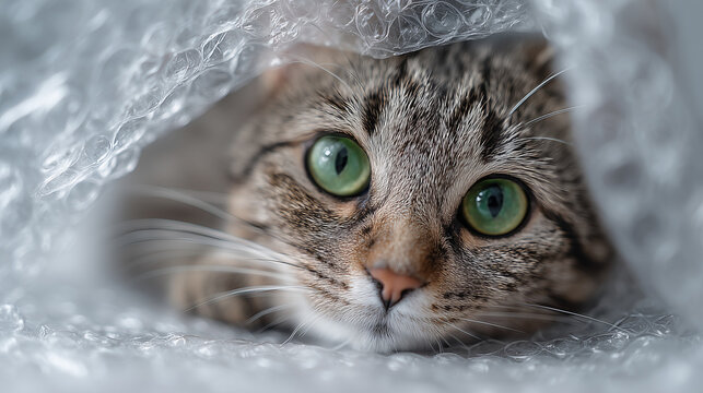 Cute tabby cat with green eyes peeking through bubble wrap, playful pet concept with curiosity, texture, and cozy indoor environment.