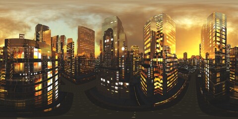 Night city, Cityscape, Environment map. HDRI map. Equirectangular projection. Spherical panorama., 3D rendering © ustas