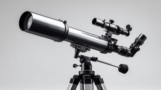 Professional refractor telescope isolated on white background, optical instrument for astronomy, science, observation, and space exploration concept.