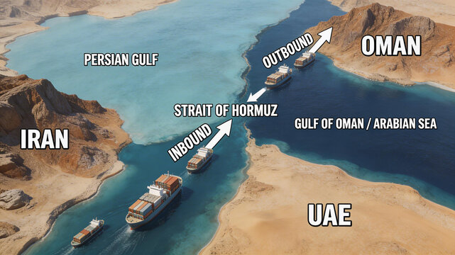 Strait of hormuz shipping lanes with container ships, tanker, and smaller vessels indicating inbound and outbound traffic between iran and oman/uae, persian gulf