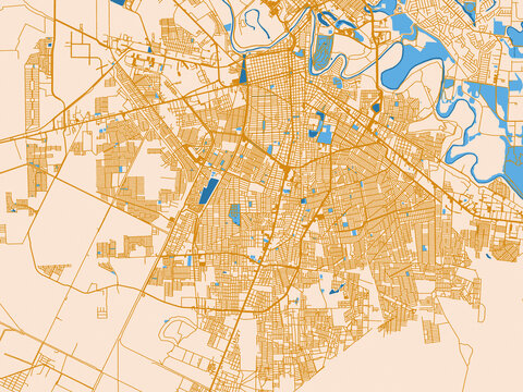 City map of Heroica Matamoros, Mexico &ndash; golden linework with blue water