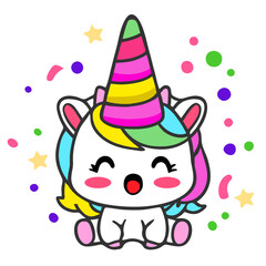Naklejka premium A colorful cartoon unicorn with a rainbow mane and party confetti