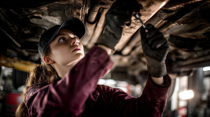 Obraz premium Female mechanic inspecting car undercarriage in workshop, automotive repair and maintenance concept with professional technician and industrial environment.