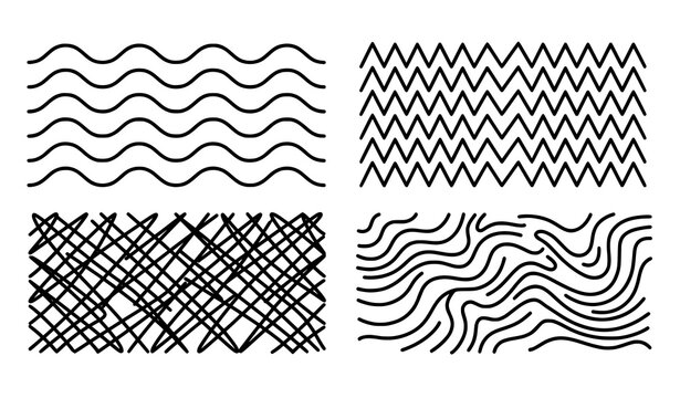 Modern abstract line patterns with wavy zigzag and criss cross horizontal stripes black and white vector set