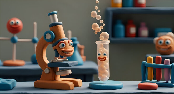 Whimsical clay microscope and bubbling test tube characters create a fun science lab adventure for educational content and children's media