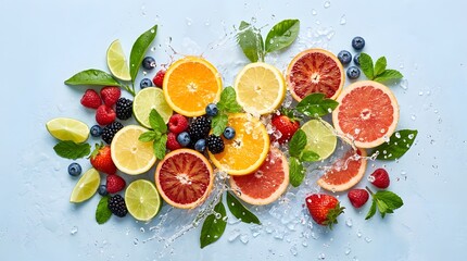 Naklejka premium A vibrant arrangement of sliced citrus fruits and berries on a light blue background