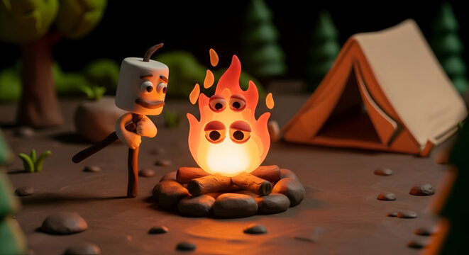 Whimsical claymation marshmallow character roasting over a glowing campfire at a cozy campsite with a tent under the starry night sky