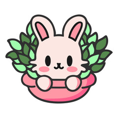 Obraz premium A cute cartoon bunny sitting in a pink basket with green leaves