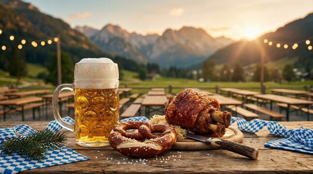 Oktoberfest Table with Beer and Pork Knuckle in Scenic Alpine Setting. A wide cinematic view of a festive table set with a glass of beer, a roasted pork shank, and a pretzel. 