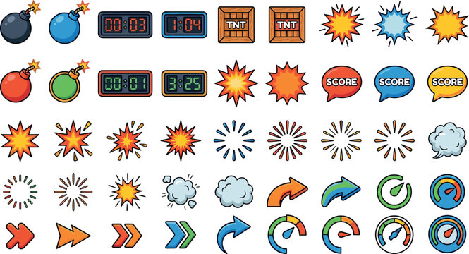 Vector Illustration of Action Icons Including Explosions, Bombs, Timer, Arrows, and Score Indicators for Game and Dynamic Themes