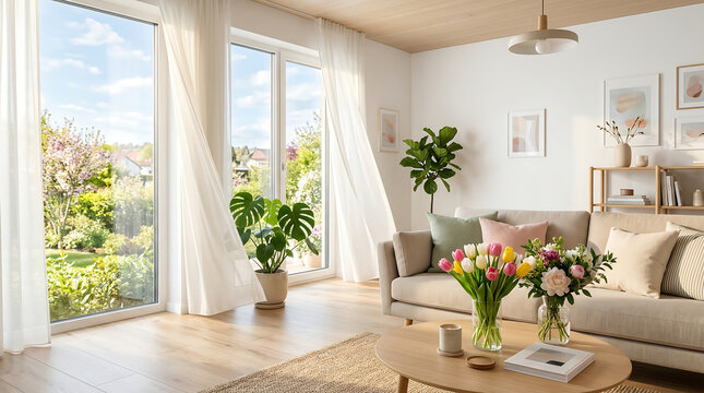 Modern airy living room with fresh tulips and garden view, ideal spring zoom background