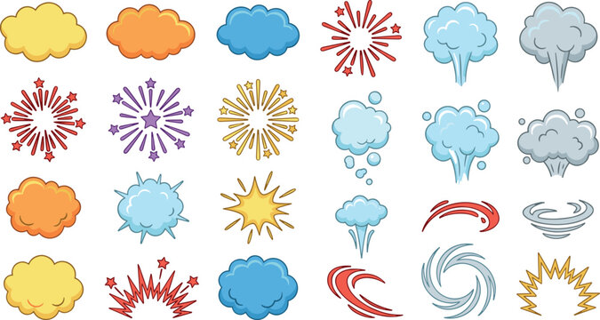 Vector Illustration of Colorful Explosion and Cloud Effects for Dynamic, Fun, and Pop Art Designs
