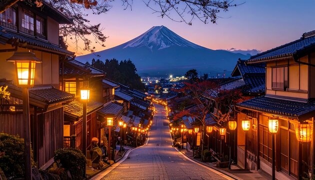 Traditional Japanese street with mountain view at dusk