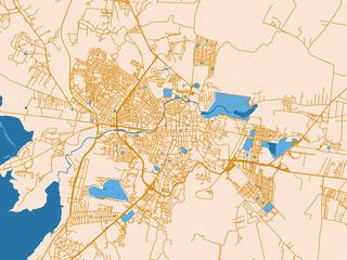 Fototapeta premium City map of San Miguel de Allende, Mexico — light cream city field with mustard-gold linework and vivid blue lakes, rivers and waterways