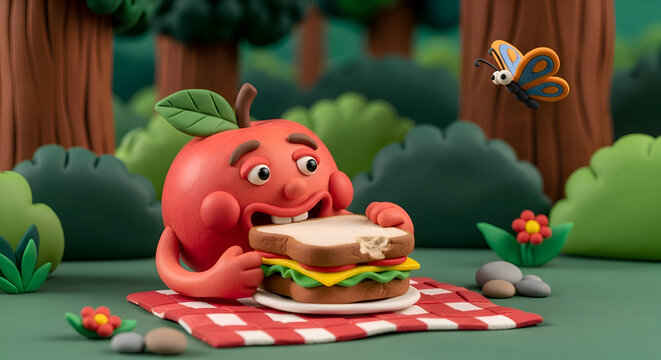 Whimsical clay apple character enjoys a delicious sandwich during a charming forest picnic with a fluttering butterfly overhead
