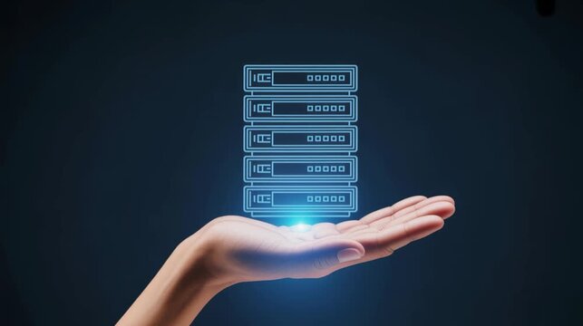 Hand raising holographic server rack icon floating above palm 