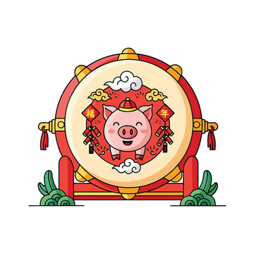 Cartoon Pig Drum Chinese New Year Celebration.