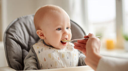 Baby being fed with spoon by parent, healthy nutrition and childcare concept, family bonding, infant care, and early childhood development.