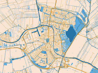 Fototapeta premium Urban map poster of Alphen aan de Rijn, Netherlands with minimal parchment-toned map with golden street network and sky-blue water areas