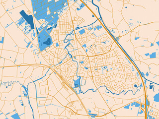 Fototapeta premium Urban map poster of Boxtel, Netherlands with warm cream background with golden road lines and bright blue water in a clean flat cartographic style