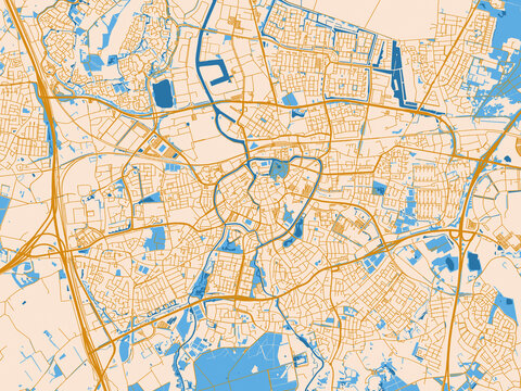 Minimal city map of Breda, Netherlands with golden linework with blue water