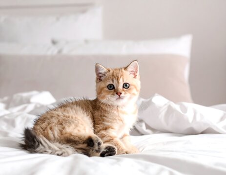 Cute orange kitten resting on rumpled white bed sheets