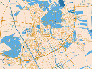 Fototapeta premium Urban map poster of Emmen, Netherlands with soft ivory map base with ochre-gold streets and clear blue water shapes for crisp contrast