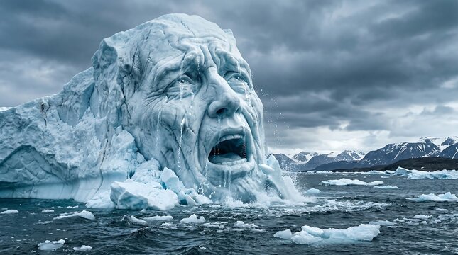 Large iceberg face screams in Arctic water landscape