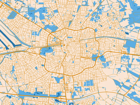City map of Enschede, Netherlands &mdash; minimal parchment-toned map with golden street network and sky-blue water areas