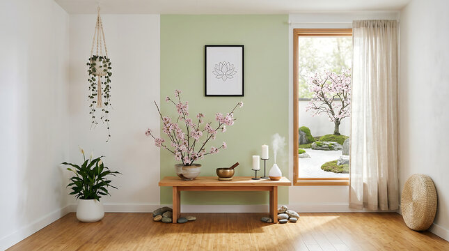 Minimalist Zen Interior with Cherry Blossom View, Spring Zoom Background for Video Meetings
