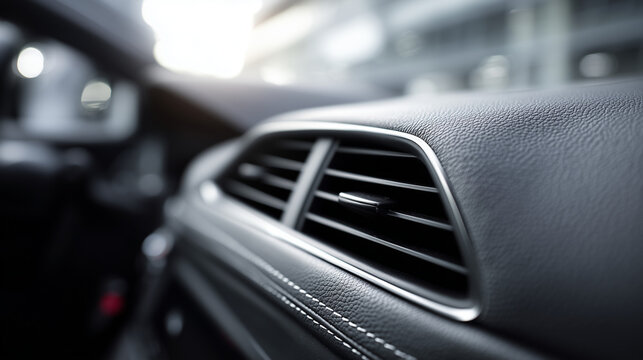 Close up of modern car dashboard air conditioning vent with sleek design, clean interior detail, and contemporary automotive technology concept.