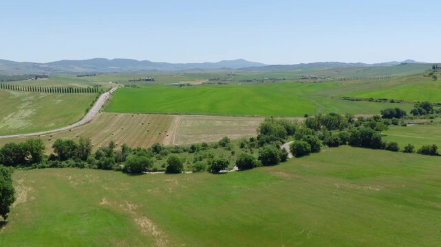 Aerial View of Val d'Orcia Farmland and Rolling Hills, Tuscany