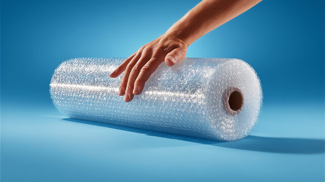 Hand pulling bubble wrap roll on blue background, packing material and protection concept with minimalist composition and texture detail.