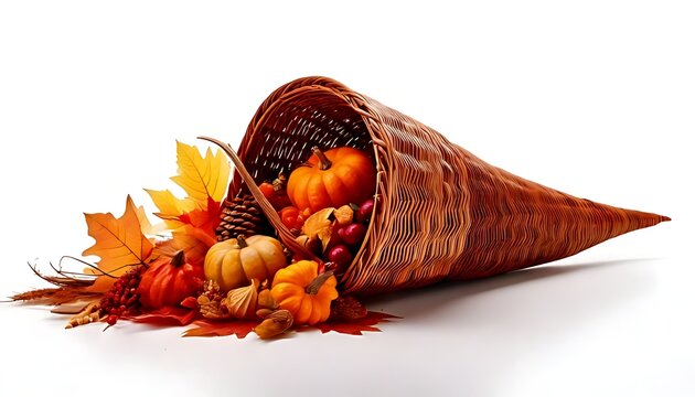A woven cornucopia overflowing with colorful gourds, leaves, berries, and a pinecone, set against a clean white backdrop