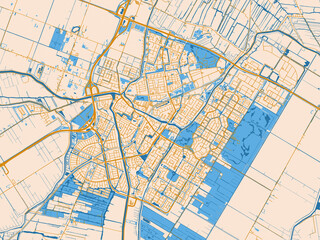 Naklejka premium Urban map poster of Purmerend, Netherlands with minimal parchment-toned map with golden street network and sky-blue water areas