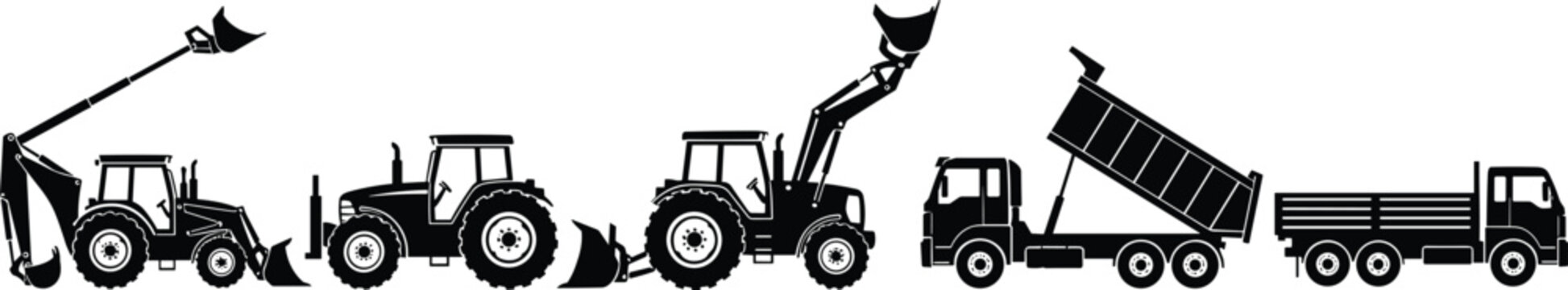 Black and white silhouette set of heavy construction machinery and agricultural equipment including backhoe loader tractor with front shovel tipper dump truck and flatbed vehicle
