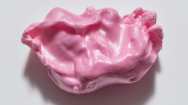 Extreme macro close-up of chewed pink bubble gum with sticky texture and organic shapes, highlighting detail, abstract patterns, and vibrant color.