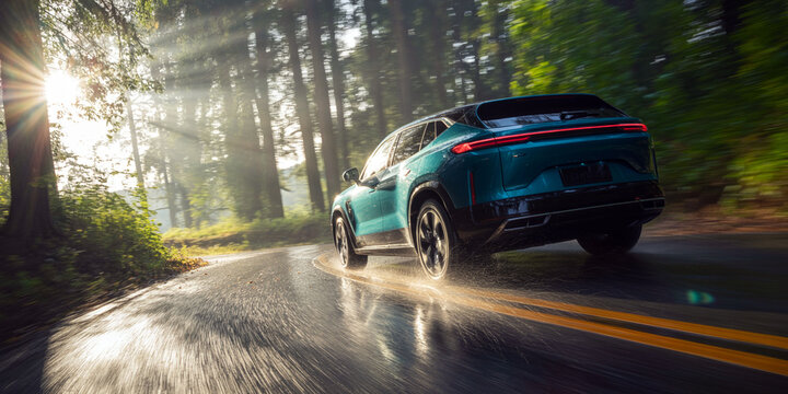 Blue suv driving on a wet forest road as sunlight filters through dense trees capturing motion and adventure in vibrant nature