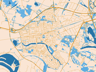 Fototapeta premium Street map of Wijchen, Netherlands in golden linework with blue water