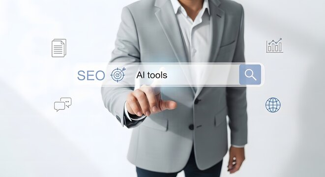 A professional in a suit interacts with a transparent search bar displaying seo ai tools and relevant icons high quality detailed modern