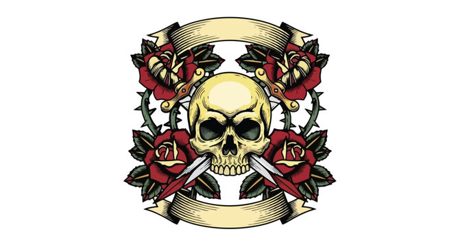 Vintage skull and roses tattoo design with banner elements