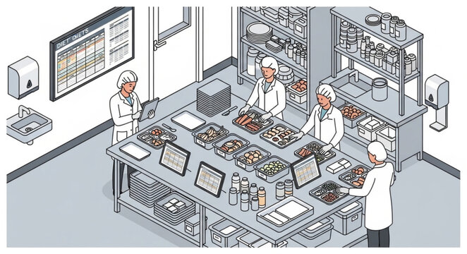 Food processing line with workers in protective gear preparing meals.