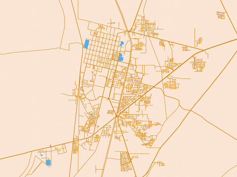 Urban map poster of Dera Ghazi Khan, Pakistan with soft ivory map base with ochre-gold streets and clear blue water shapes for crisp contrast
