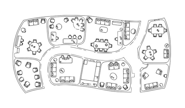 Interior seating arrangement floor plan with chairs tables and sofas top view architectural layout vector line design