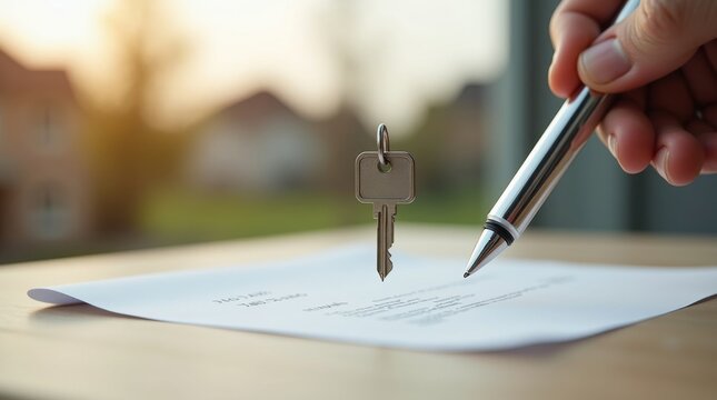 Llave de la casa, papel de contrato y bol&iacute;grafo flotando en el aire