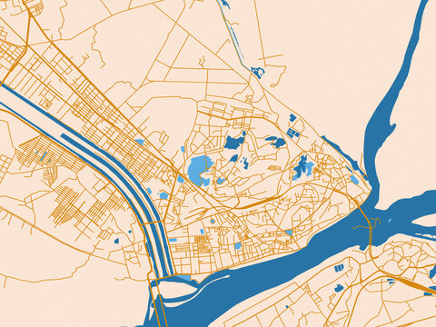Cartographic city illustration of Sukkur, Pakistan &mdash; warm cream background with golden road lines and bright blue water in a clean flat cartographic style