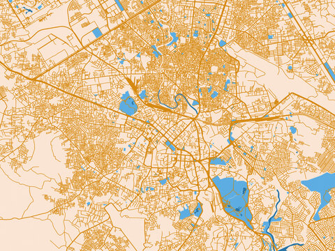 City map of Rawalpindi, Pakistan &ndash; golden linework with blue water