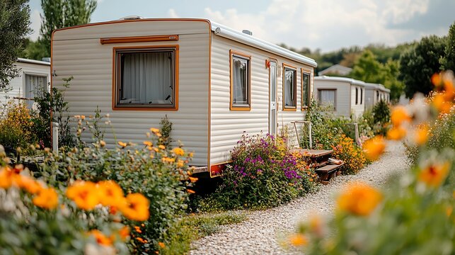 Charming Mobile Home Park with Vibrant Flowers and Lush Greenery.