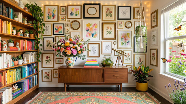 Bright Home Office with Floral Gallery Wall and Plants for a Spring Zoom Background